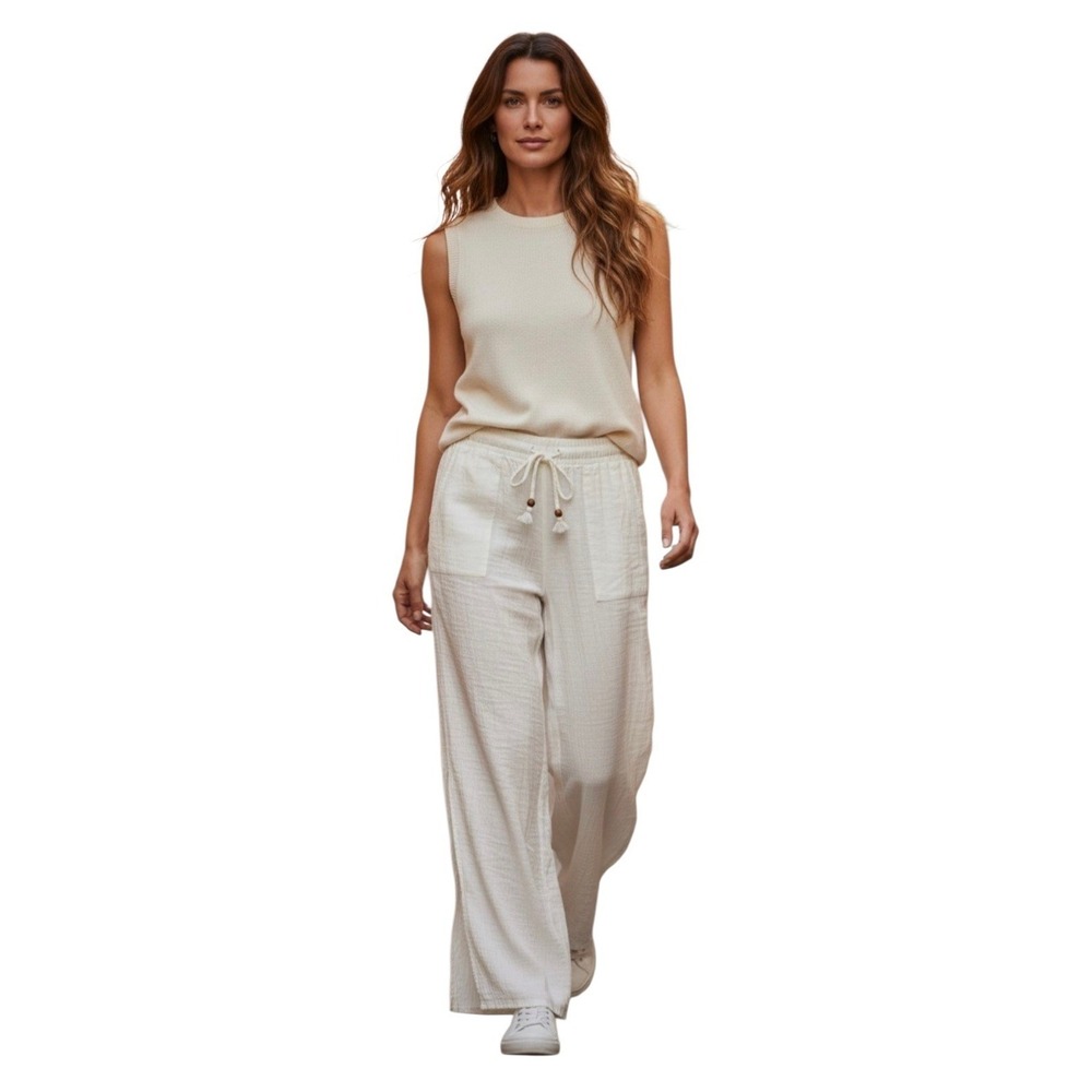 Salty Lemon Gauzy 100% Cotton Beach Resort‎ Lounge Pants Side Slits White Blue L